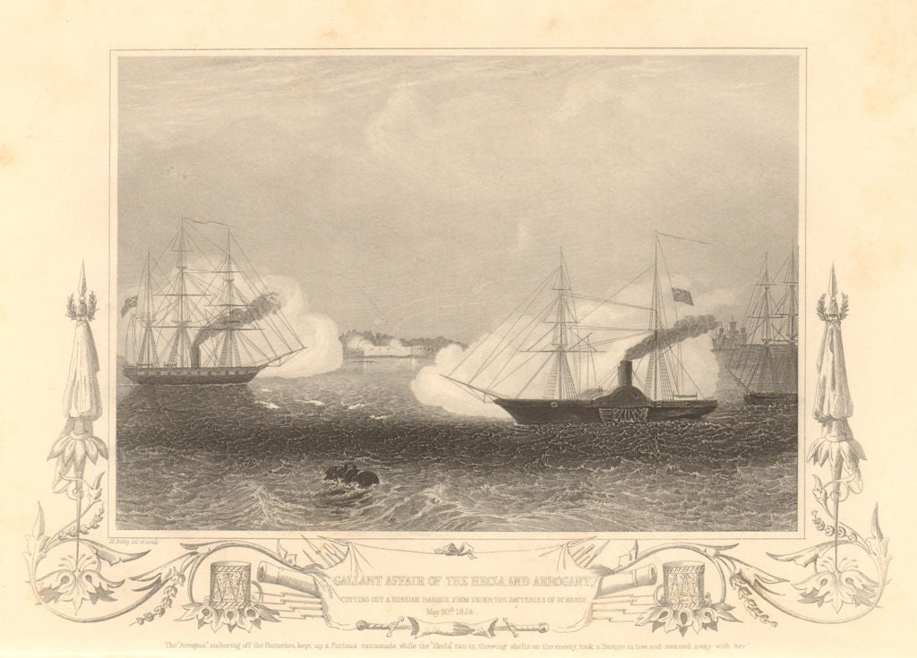 CRIMEAN WAR HMS Hecla & Arrogant attacking Eckness/Ekenas, 1854. 1860 print